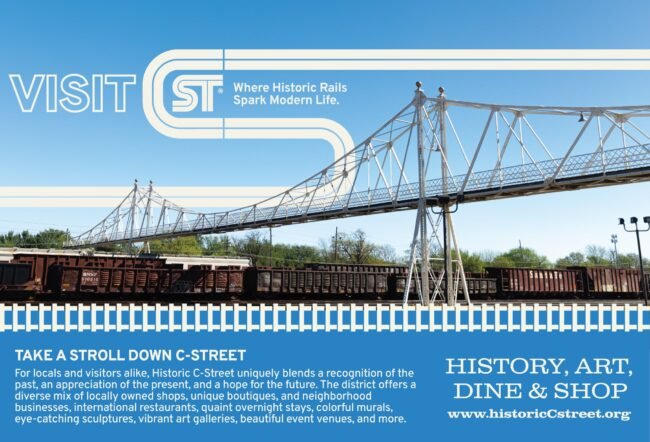 Visit C-Street graphic, Where Historic Rails Spark Modern Life, with the footbridge, Springfield, MO.