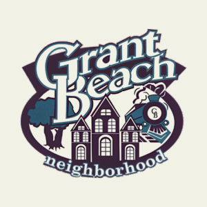Grant Beach neighborhood logo with a house and train motif, near Historic C-Street, Springfield, MO.
