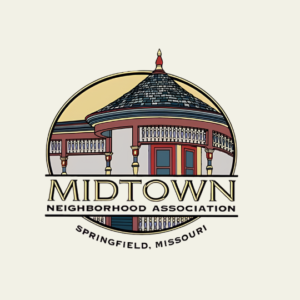 Midtown Neighborhood Association logo with a cupola building, Springfield, Missouri.