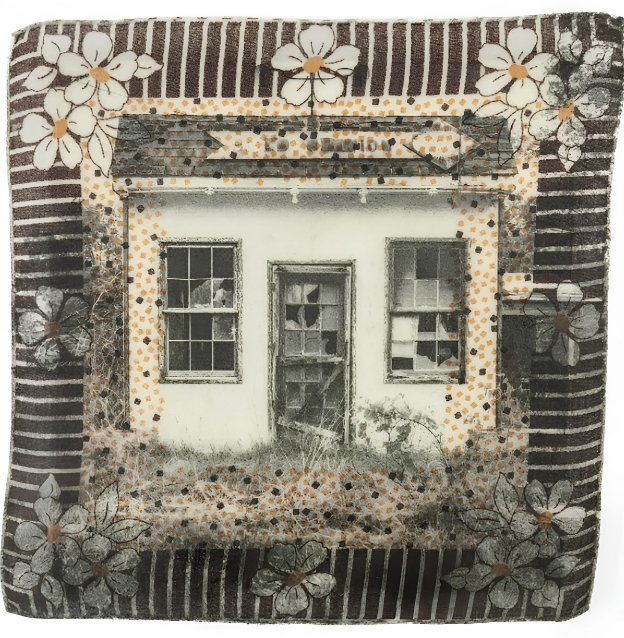 A mixed-media artwork of an old house framed by a tile and floral border from Two Voices One Road, Springfield.