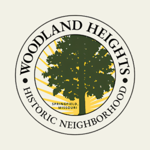 Woodland Heights Historic Neighborhood logo with a tree emblem, Springfield, Missouri.