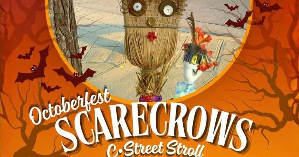 Octoberfest Scarecrow Stroll poster for Historic C-Street in Springfield, MO, featuring a broom-straw scarecrow with button eyes on the sidewalk