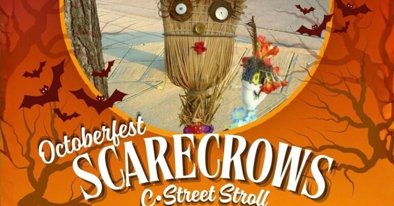 Octoberfest Scarecrow Stroll poster for Historic C-Street in Springfield, MO, featuring a broom-straw scarecrow with button eyes on the sidewalk