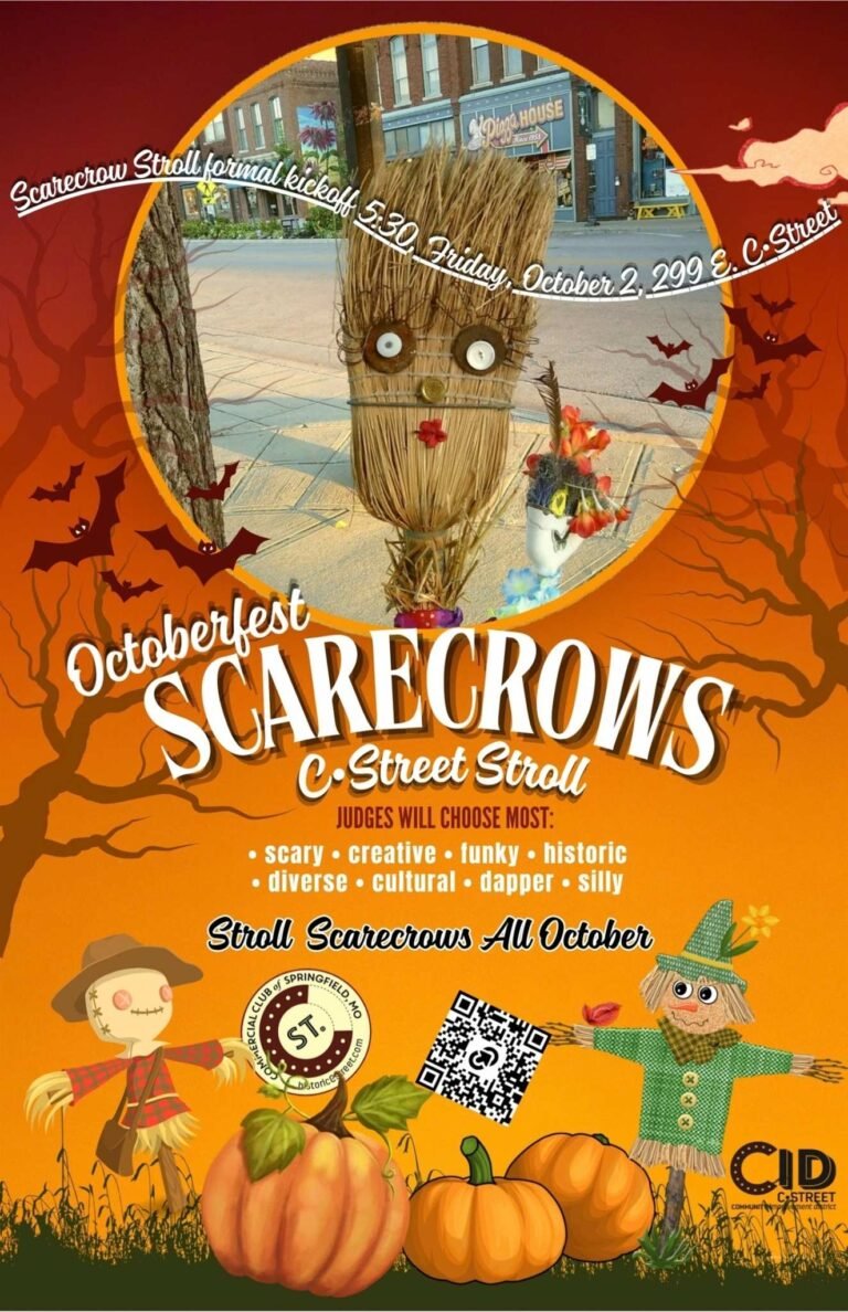 Octoberfest Scarecrow Stroll poster for Historic C-Street in Springfield, MO, featuring a broom-straw scarecrow with button eyes on the sidewalk