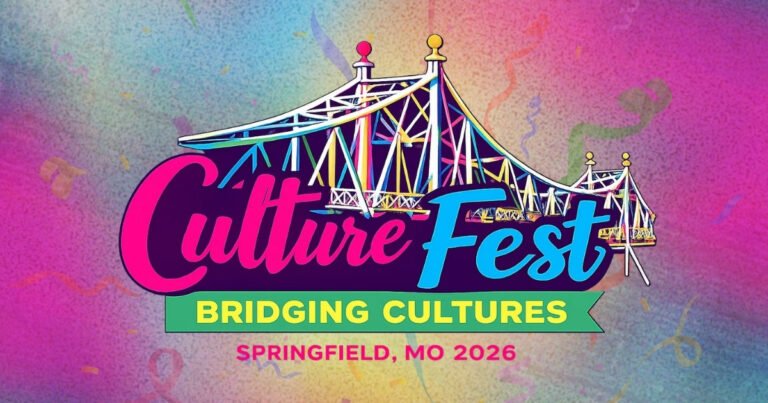 SGF CultureFest "Bridging Cultures" 2026 logo featuring a colorful illustration of the Jefferson Avenue Footbridge, Springfield, MO