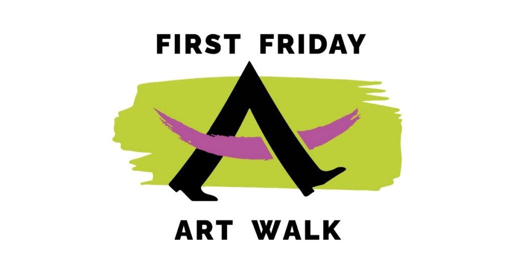"First Friday Art Walk" logo with a bold black letter A, chartreuse green paint-stroke background, and a purple brushstroke forming legs mid-stride beneath the A.
