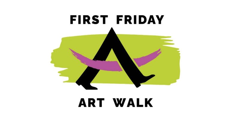 "First Friday Art Walk" logo with a bold black letter A, chartreuse green paint-stroke background, and a purple brushstroke forming legs mid-stride beneath the A.