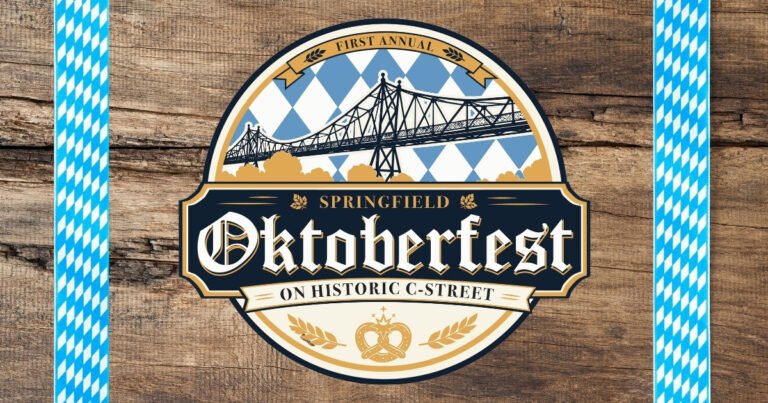 First Annual Springfield Oktoberfest on Historic C-Street logo with a Bavarian blue-and-white crest, bridge, and pretzel.