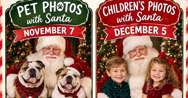 North Star Christmas Company flyer: Santa with two bulldogs for Pet Photos Nov 7 and with two children Dec 5, noon to 2.