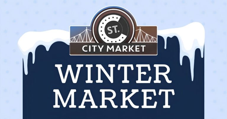 Winter Market flyer: illustrated snowy market stalls, Saturdays November 7 to December 19, 10 AM to 2 PM.