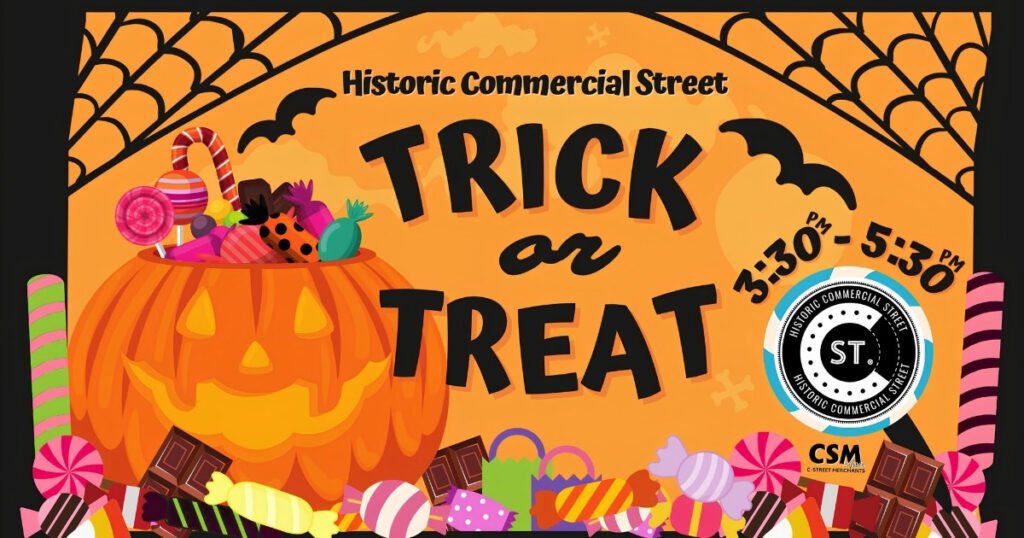 C-Street Trick or Treat banner with a jack-o'-lantern candy pail, listing October 31 from 3 to 5 PM on Commercial Street.