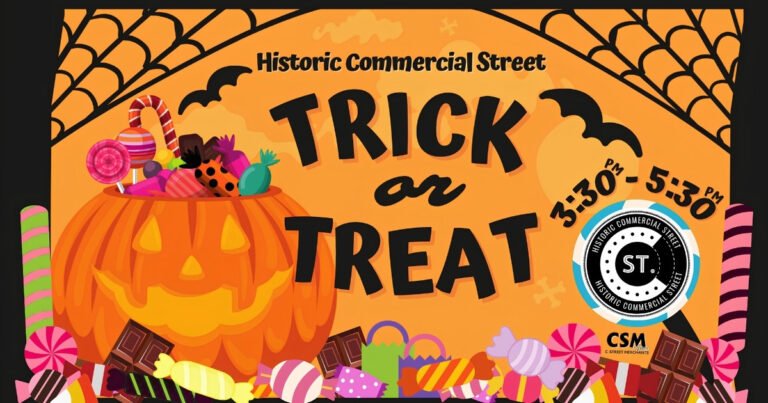C-Street Trick or Treat banner with a jack-o'-lantern candy pail, listing October 31 from 3 to 5 PM on Commercial Street.