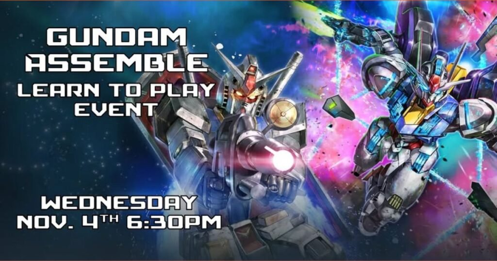 Gundam Assemble learn-to-play event graphic with two armored giant robots in action against a colorful outer space backdrop.