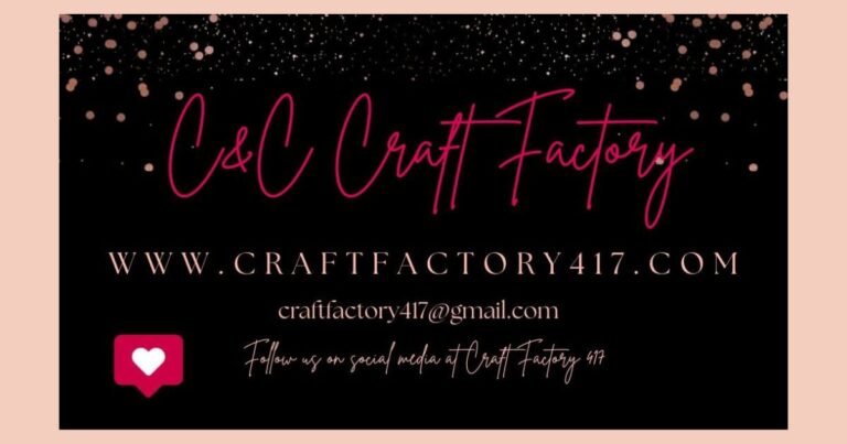 C&C Craft Factory logo in pink script on black with rose gold confetti, plus website, email, and social media info.