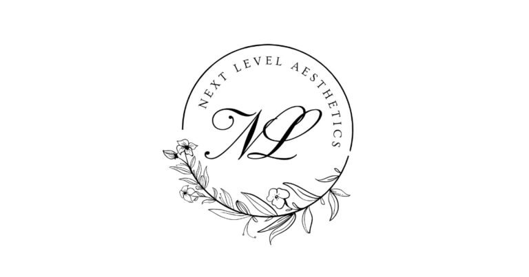 Next Level Aesthetics logo with a script NL monogram inside a circle accented by hand-drawn flowers and leaves.