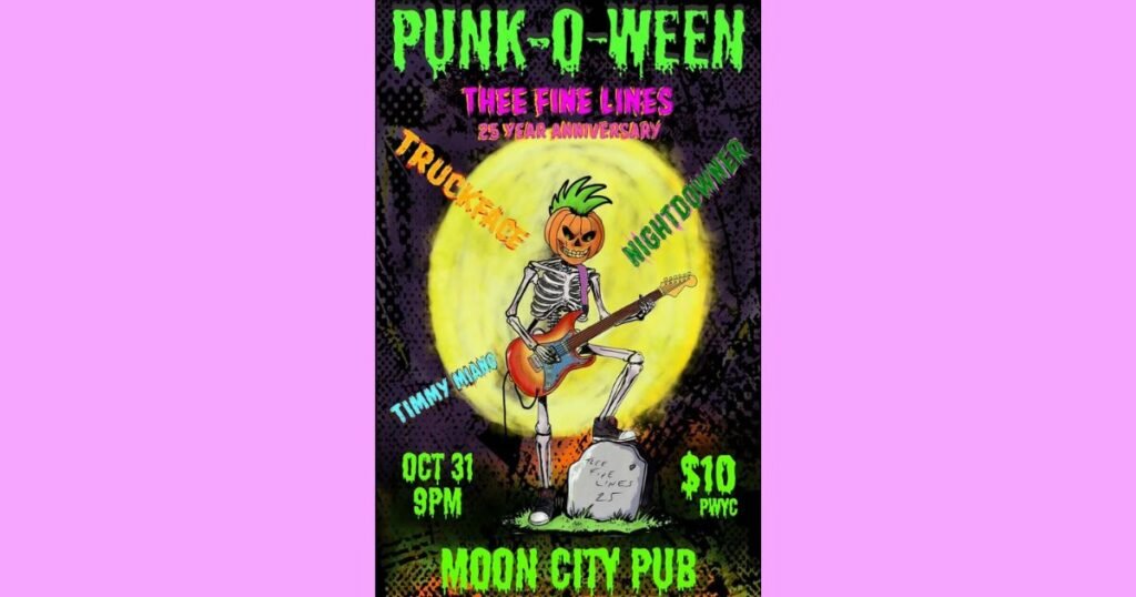 Punk-O-Ween poster of a pumpkin-headed skeleton with a green mohawk playing guitar, one foot on a grave, under a full moon.