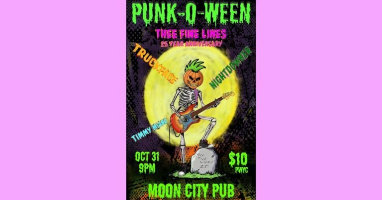 Punk-O-Ween poster of a pumpkin-headed skeleton with a green mohawk playing guitar, one foot on a grave, under a full moon.