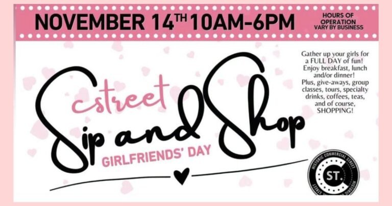 C-Street Sip and Shop Girlfriends' Day graphic with black and pink script lettering over scattered pink hearts.