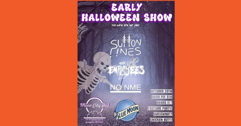 Halloween poster with a lunging cartoon skeleton in a misty purple forest, listing Sutton Pines, The Employees, and No Nme.